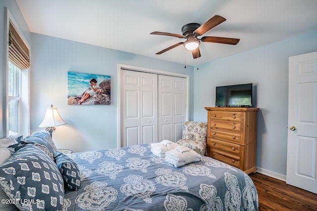 262 Deer Run Ln, Fripp Island, SC 29920 - bedroom featuring wood finished floors, a closet, baseboards, and a ceiling fan