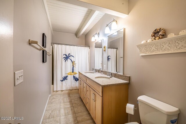262 Deer Run Ln, Fripp Island, SC 29920 - full bathroom with marble finish floors, toilet, beam ceiling, double vanity, and baseboards