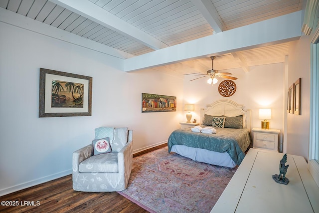 262 Deer Run Ln, Fripp Island, SC 29920 - bedroom featuring wood finished floors, baseboards, wooden ceiling with exposed beams, and ceiling fan