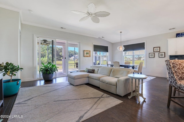 living room with vaulted ceiling, crown molding, ceiling fan, and dark hardwood / wood-style flooring