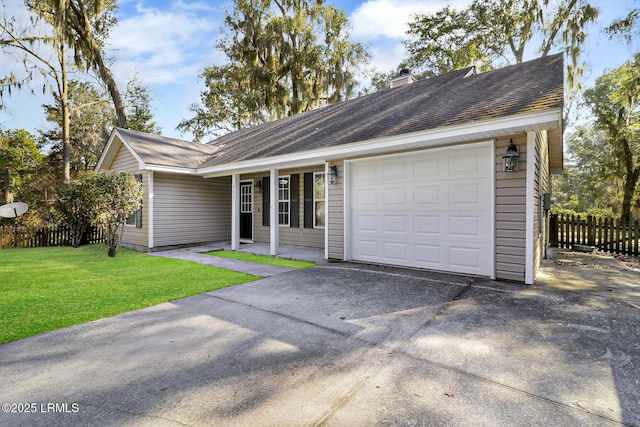 single story home featuring driveway, a front lawn, fence, an attached garage, and a chimney