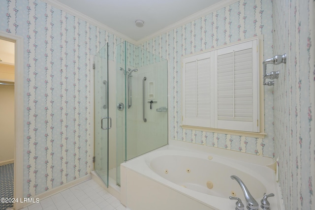 bathroom featuring crown molding, plus walk in shower, and tile patterned flooring