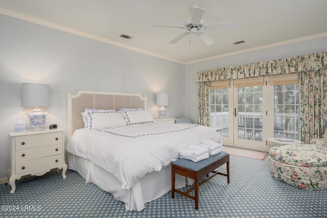 bedroom featuring ornamental molding, carpet flooring, access to exterior, and ceiling fan