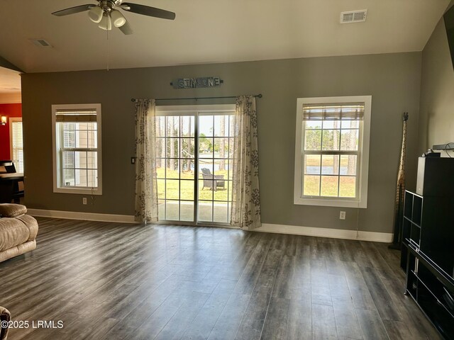 unfurnished living room featuring visible vents, baseboards, and dark wood finished floors