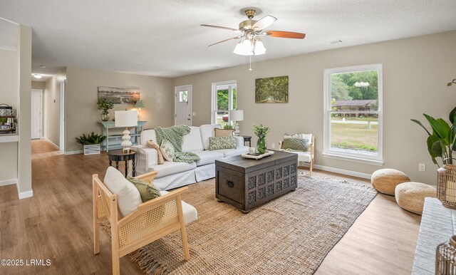 46 Mroz Rd, Beaufort, SC 29906 - living area featuring light wood-type flooring, a ceiling fan, healthy amount of natural light, baseboards, and a textured ceiling