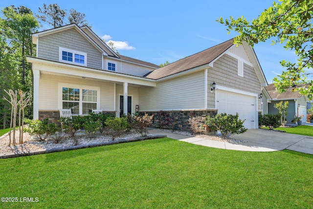 13 Hager Rd, Bluffton, SC 29910 - traditional-style house featuring a porch, driveway, stone siding, and a front lawn