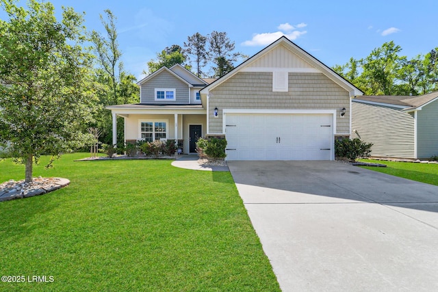 13 Hager Rd, Bluffton, SC 29910 - craftsman-style home with stone siding, a front lawn, an attached garage, and concrete driveway