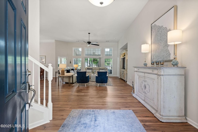 32 Aspen Hall Rd, Bluffton, SC 29910 - entryway featuring baseboards, wood finished floors, stairway, and ceiling fan