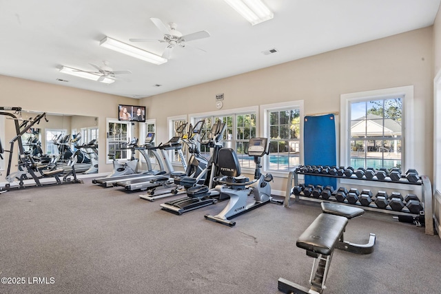 32 Aspen Hall Rd, Bluffton, SC 29910 - exercise room featuring ceiling fan, visible vents, and carpet