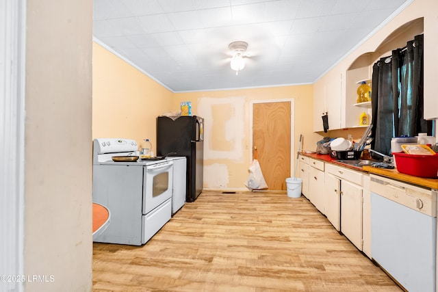 441 Byrnes Ln, Allendale, SC 29810 - kitchen featuring open shelves, white cabinetry, light wood-type flooring, white appliances, and ornamental molding