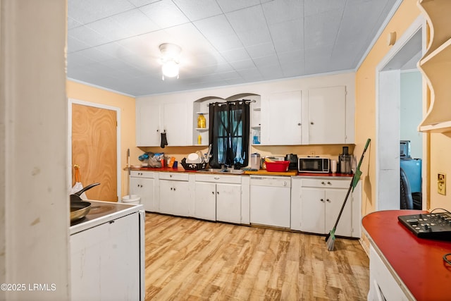 441 Byrnes Ln, Allendale, SC 29810 - kitchen with a sink, white appliances, open shelves, white cabinetry, and light wood-style floors