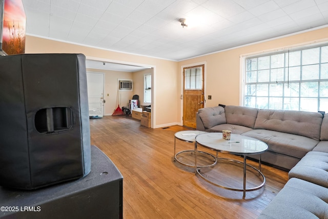 441 Byrnes Ln, Allendale, SC 29810 - living room featuring crown molding, a wall mounted AC, baseboards, and light wood-style floors