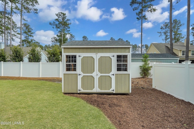 view of shed featuring a fenced backyard