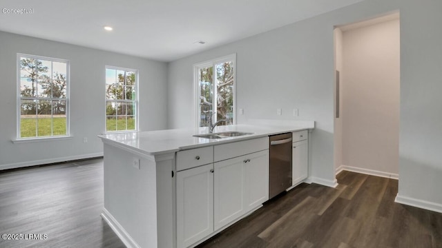 134 Twickenham Loop, Yemassee, SC 29945 - kitchen with stainless steel dishwasher, dark wood-style flooring, plenty of natural light, a peninsula, and recessed lighting