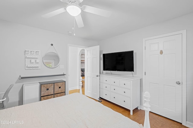 bedroom featuring ceiling fan and light hardwood / wood-style floors