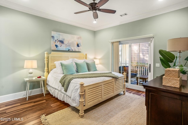 bedroom with dark hardwood / wood-style flooring, ornamental molding, access to exterior, and ceiling fan