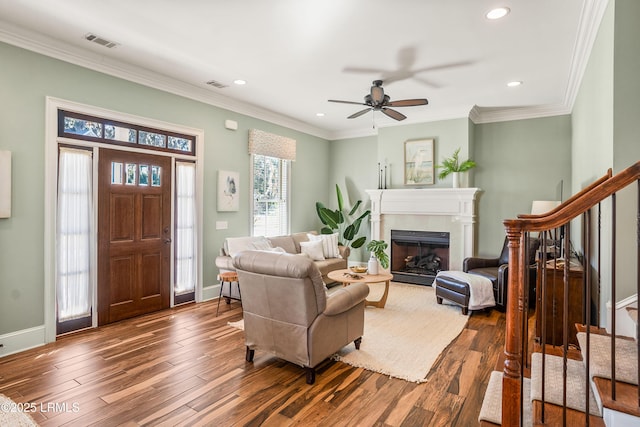 living room with crown molding, dark wood-type flooring, and ceiling fan