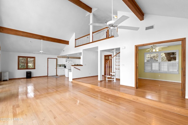 20 Ladys Walk, Beaufort, SC 29907 - unfurnished living room featuring visible vents, light wood finished floors, ceiling fan, stairs, and beamed ceiling