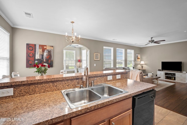 191 Heritage Pkwy, Bluffton, SC 29910 - kitchen with a sink, dishwasher, pendant lighting, crown molding, and ceiling fan