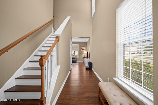 191 Heritage Pkwy, Bluffton, SC 29910 - staircase with wood-type flooring, healthy amount of natural light, a towering ceiling, and baseboards