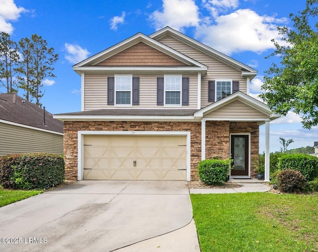 191 Heritage Pkwy, Bluffton, SC 29910 - view of front of house with stone siding, a garage, concrete driveway, and a front lawn