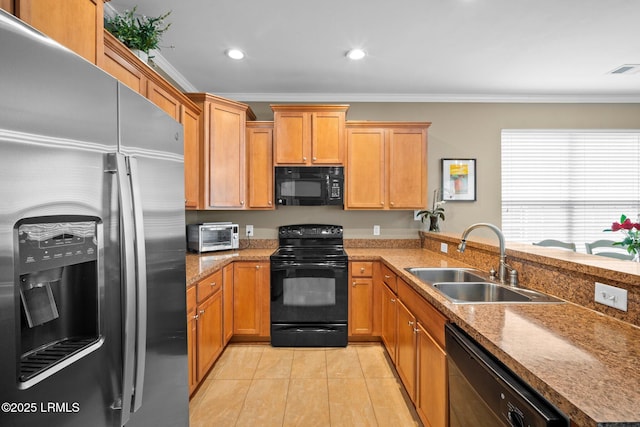 191 Heritage Pkwy, Bluffton, SC 29910 - kitchen featuring black appliances, a sink, ornamental molding, recessed lighting, and light tile patterned floors
