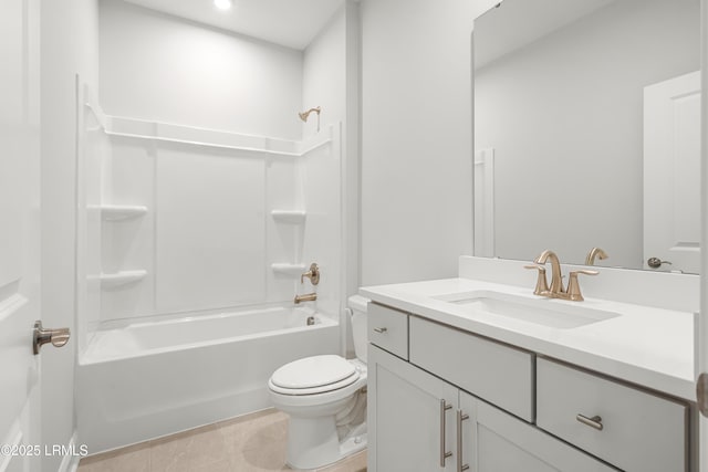 full bath featuring vanity, toilet, recessed lighting, tile patterned floors, and shower / washtub combination