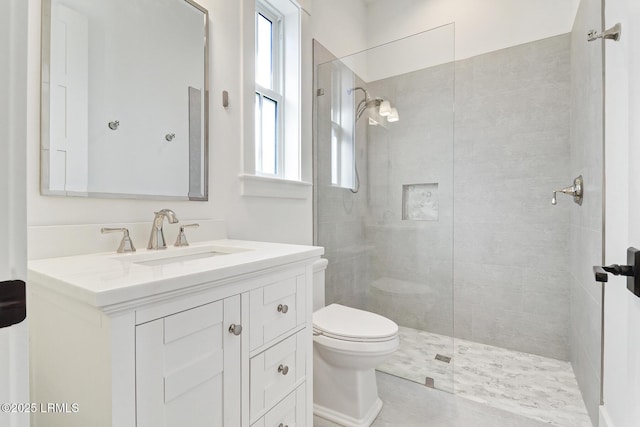 bathroom featuring toilet, vanity, and a walk in shower