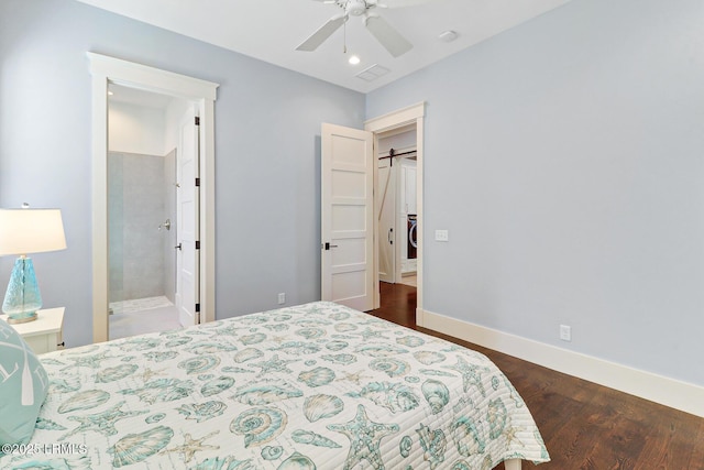 bedroom featuring dark wood finished floors, a ceiling fan, and baseboards