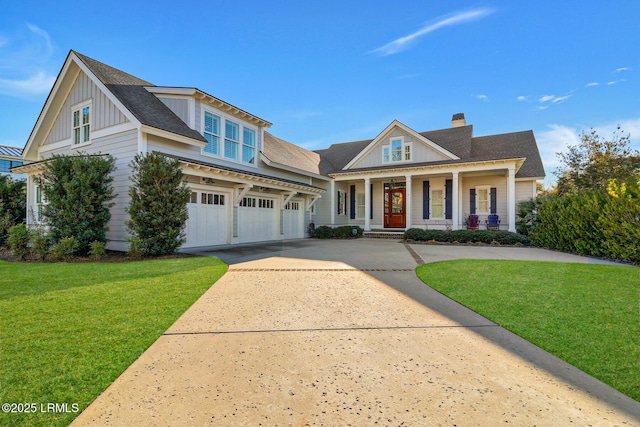 view of front of house featuring board and batten siding, a front lawn, a porch, concrete driveway, and a garage