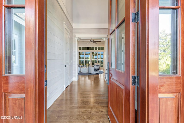 entrance foyer with wooden walls, a ceiling fan, and dark wood-style flooring