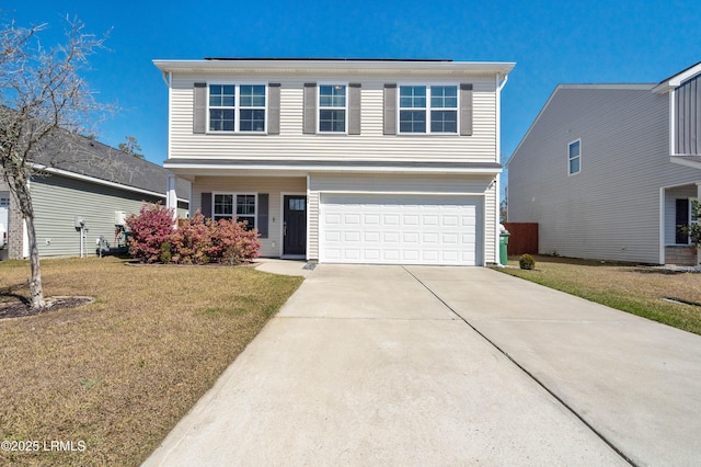 view of front facade with a garage, a front lawn, and concrete driveway