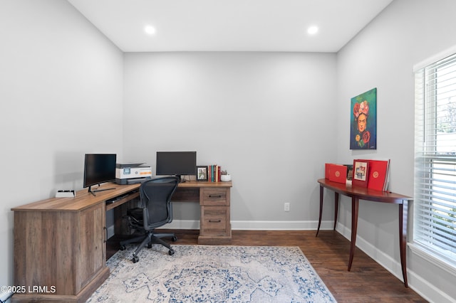 home office featuring recessed lighting, baseboards, and wood finished floors