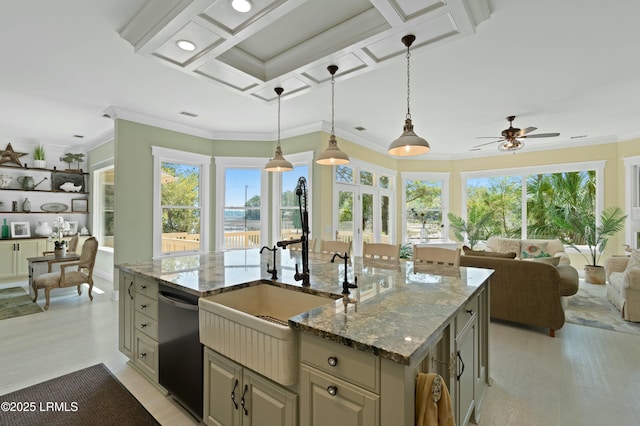 2 S Oak Forest Dr, Okatie, SC 29909 - kitchen with dishwashing machine, a sink, open floor plan, ornamental molding, and a ceiling fan