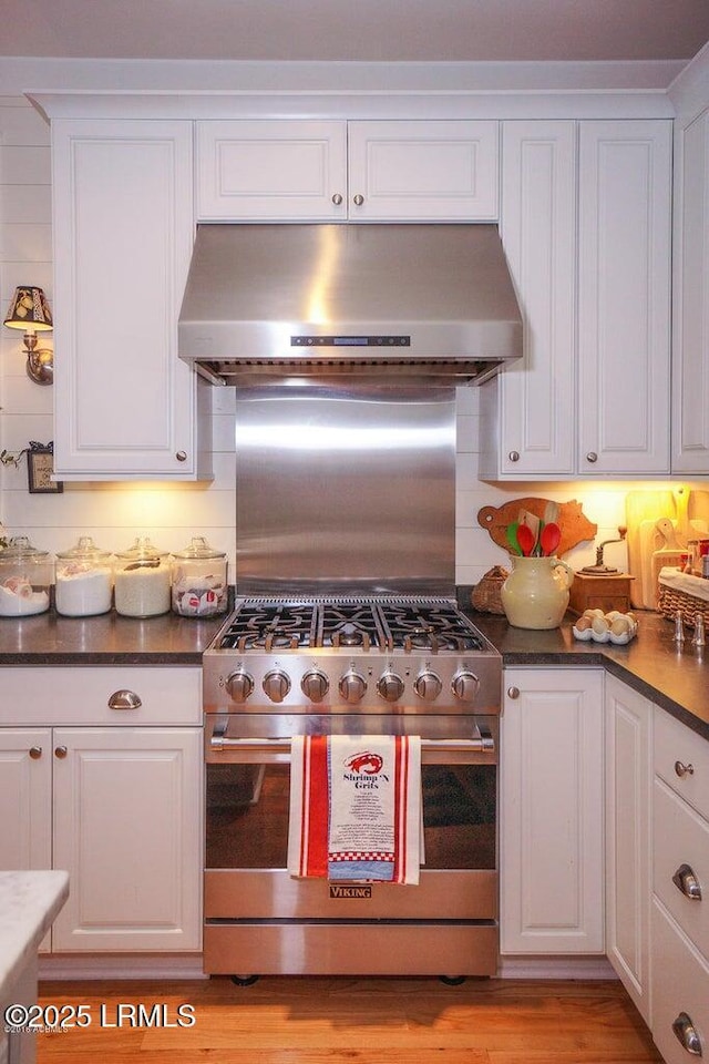 58 Wrights Point Cir, Beaufort, SC 29902 - kitchen with stainless steel stove, under cabinet range hood, white cabinetry, and dark countertops