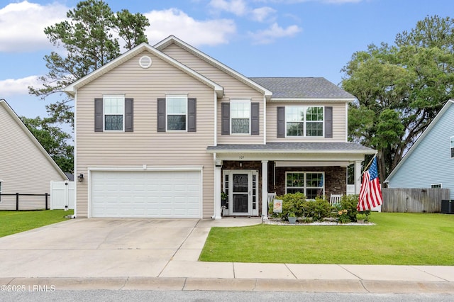 109 Patriot Ct, Beaufort, SC 29906 - view of front of property with a garage, driveway, central AC, roof with shingles, and a porch