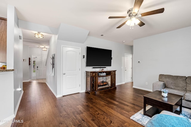 109 Patriot Ct, Beaufort, SC 29906 - living room featuring a ceiling fan, dark wood finished floors, and baseboards