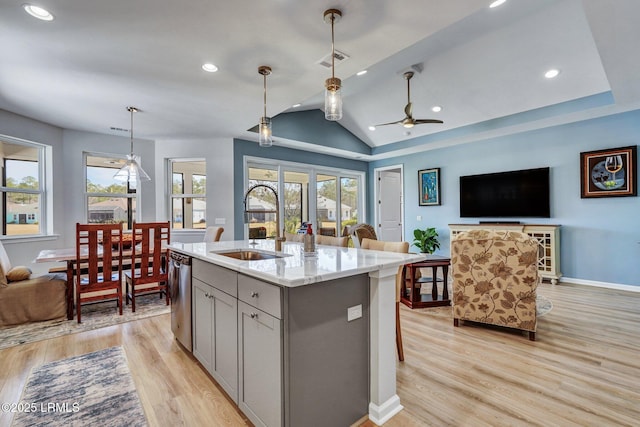 267 Cool Breeze Dr, Hardeeville, SC 29927 - kitchen with gray cabinets, a sink, open floor plan, and dishwasher