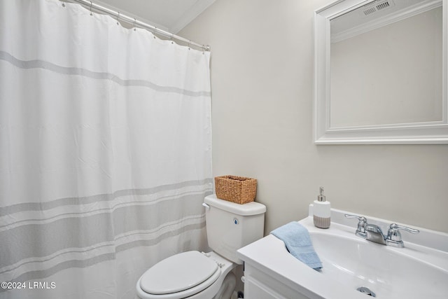 bathroom featuring vanity, a shower with curtain, visible vents, ornamental molding, and toilet