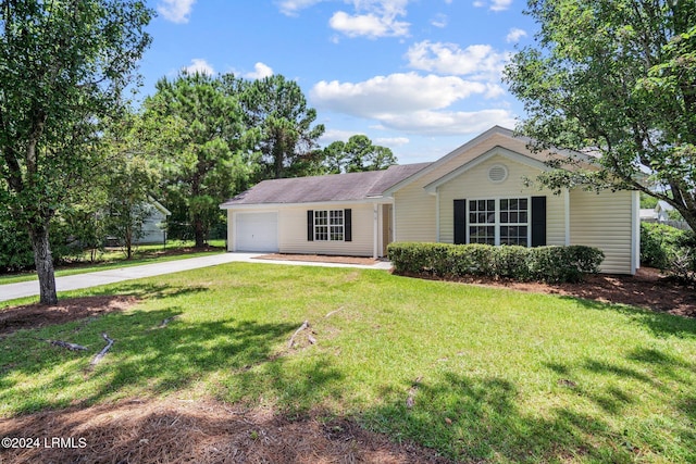 single story home featuring an attached garage, driveway, and a front lawn