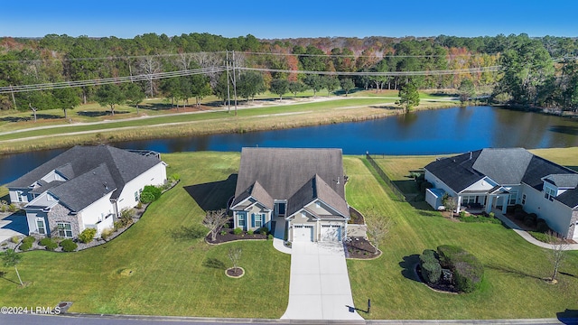 drone / aerial view featuring a water view