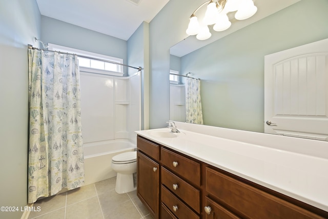 full bathroom featuring shower / tub combo, vanity, tile patterned flooring, and toilet