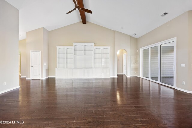 unfurnished living room featuring beamed ceiling, ceiling fan, dark hardwood / wood-style flooring, and high vaulted ceiling