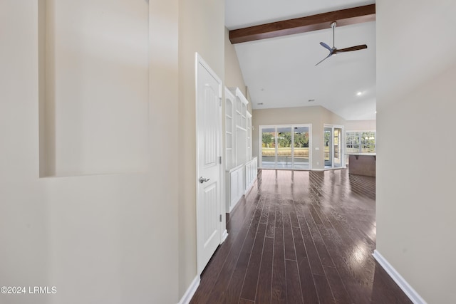 hallway with beamed ceiling, high vaulted ceiling, and dark wood-type flooring