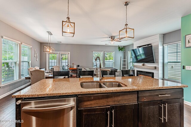 kitchen with a ceiling fan, stainless steel dishwasher, dark wood finished floors, a sink, and open floor plan