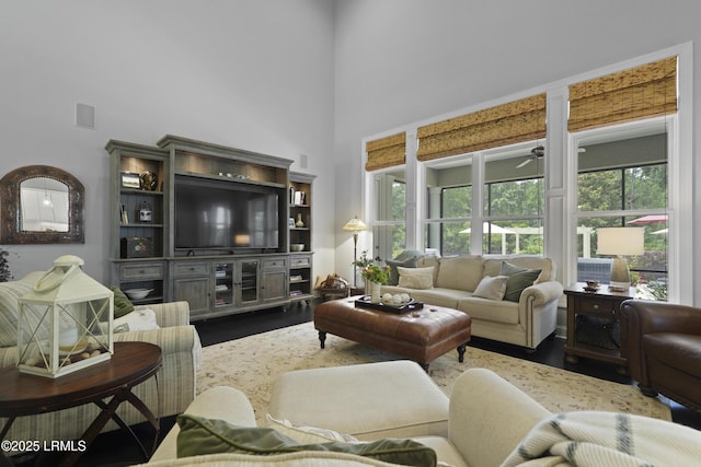 4 Halburton Cir, Bluffton, SC 29910 - living area with a high ceiling, dark wood-style flooring, and a ceiling fan