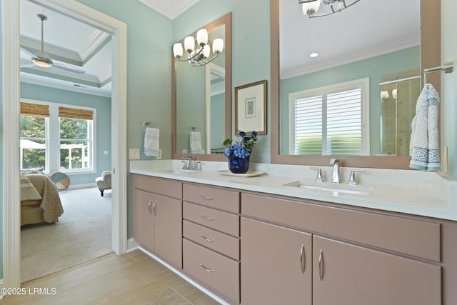 4 Halburton Cir, Bluffton, SC 29910 - bathroom featuring crown molding, connected bathroom, double vanity, a stall shower, and a chandelier