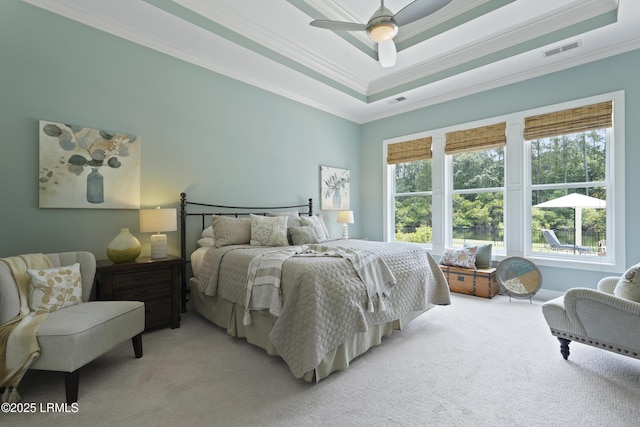 4 Halburton Cir, Bluffton, SC 29910 - bedroom featuring crown molding, light carpet, a raised ceiling, and ceiling fan