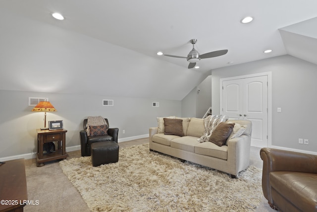 4 Halburton Cir, Bluffton, SC 29910 - living area featuring vaulted ceiling, carpet floors, recessed lighting, baseboards, and a ceiling fan