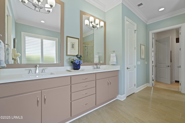 4 Halburton Cir, Bluffton, SC 29910 - full bath featuring a chandelier, a shower stall, double vanity, crown molding, and baseboards